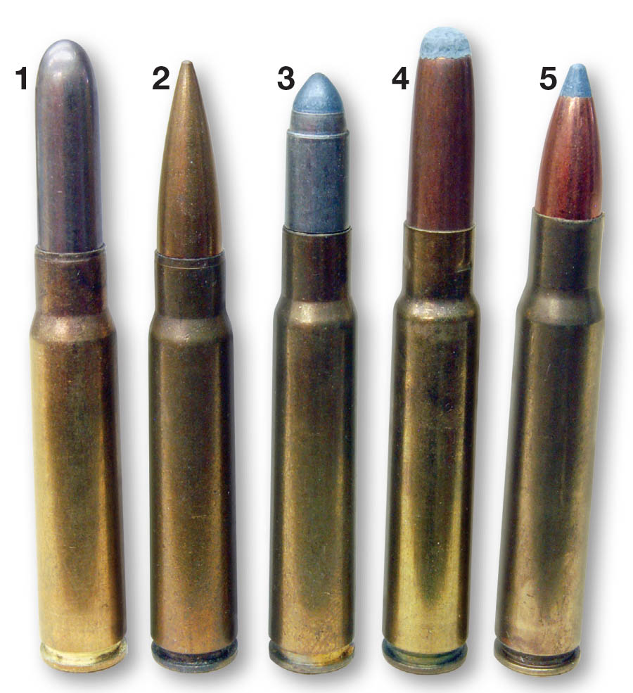 Early cartridges include a (1) 7.9x57 with a roundnose bullet, (2) 7.9x57 spitzer load, (3) 8x60, a (4) .318 Westley  Richards and the (5) 8mm-06 wildcat.
